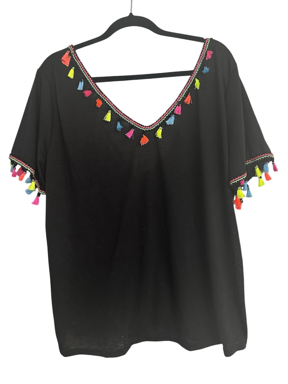 Shein Black Multicolor Tassel-Trim V-Neck Top Size 3XL - Picture 2 of 5
